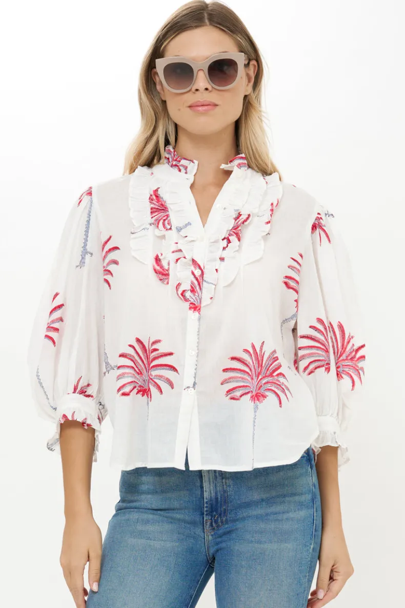 Ruffle Front Button Blouse- Canary Coral