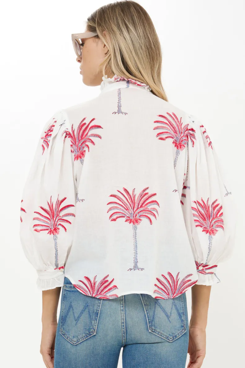 Ruffle Front Button Blouse- Canary Coral