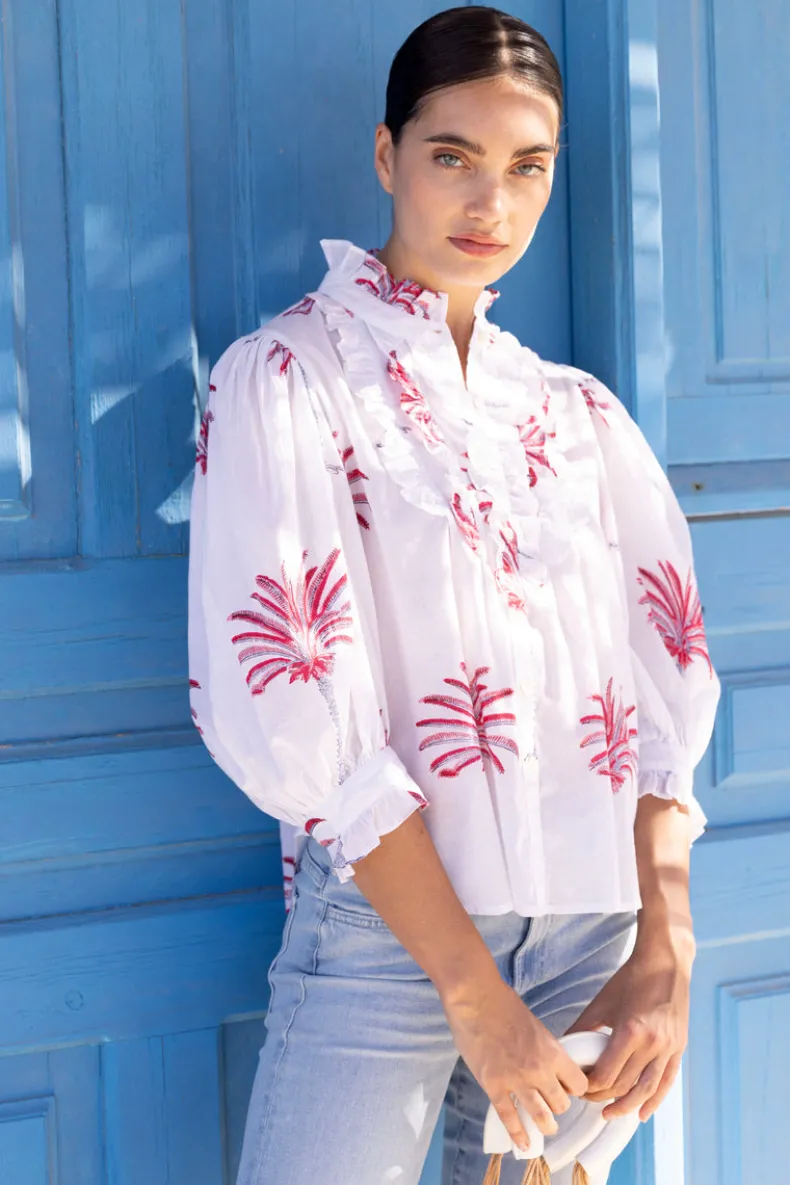 Ruffle Front Button Blouse- Canary Coral