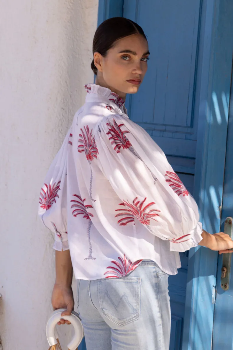 Ruffle Front Button Blouse- Canary Coral