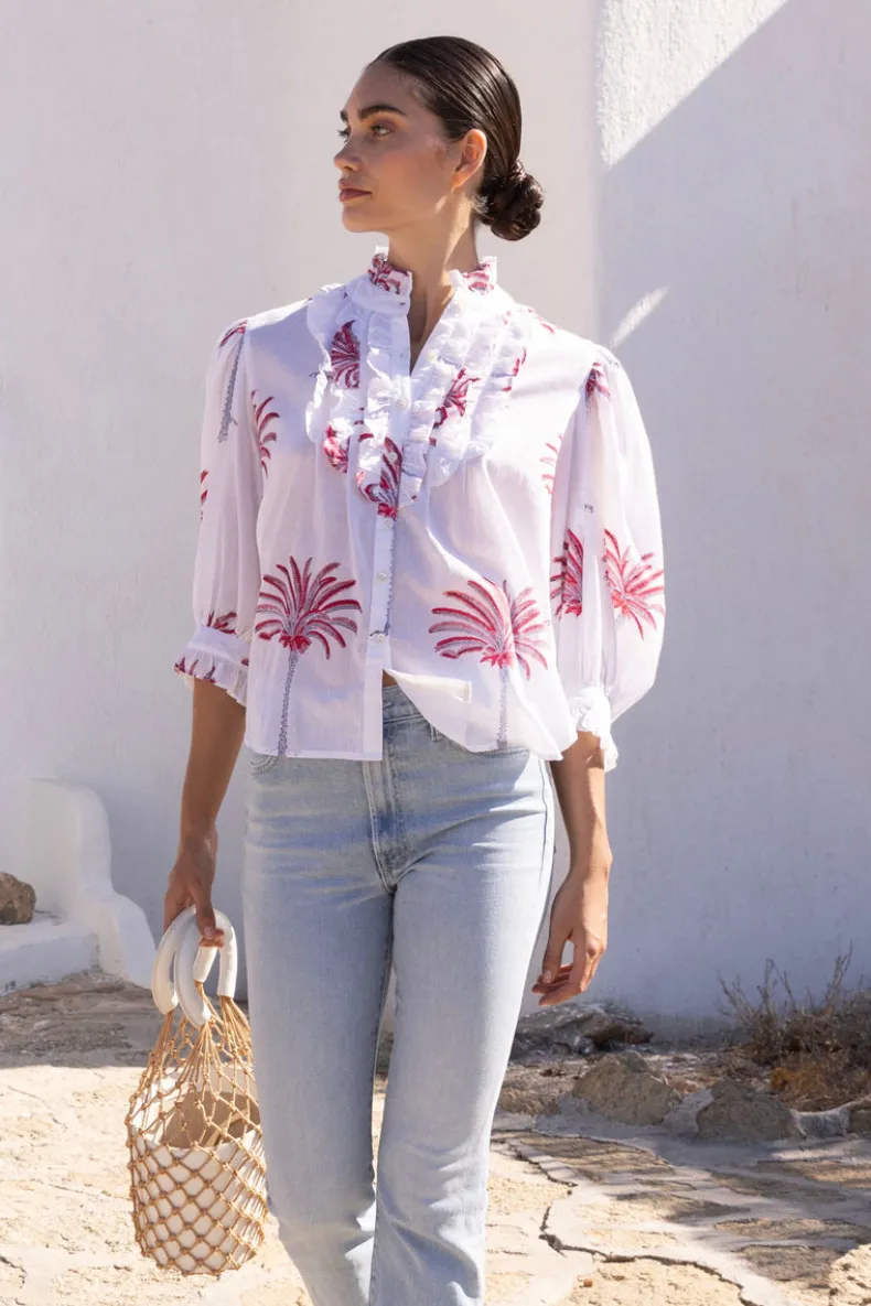 Ruffle Front Button Blouse- Canary Coral