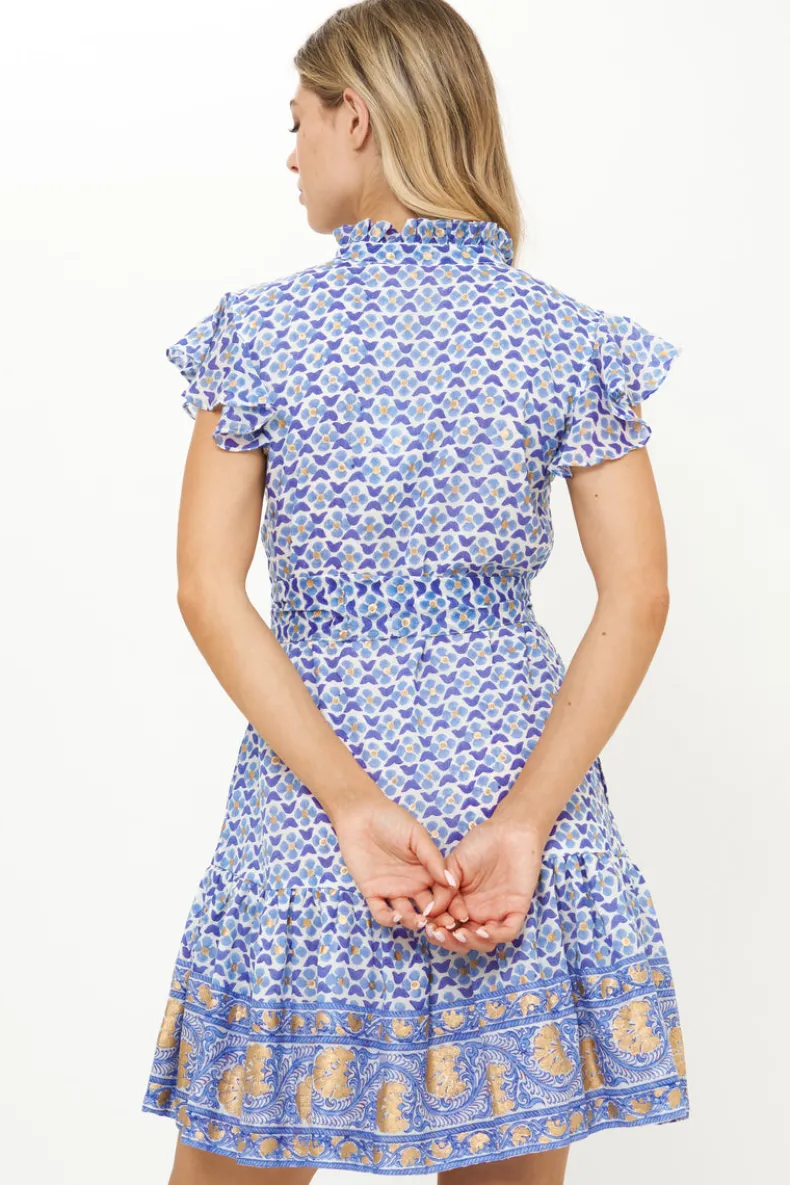 Ruffle Collar Button Mini- Veranda Blue