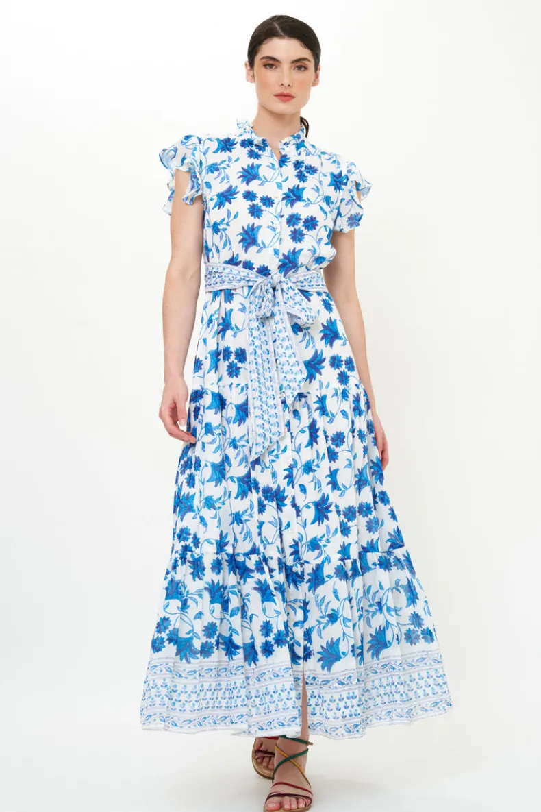 Ruffle Collar Button Maxi- Marion Blue