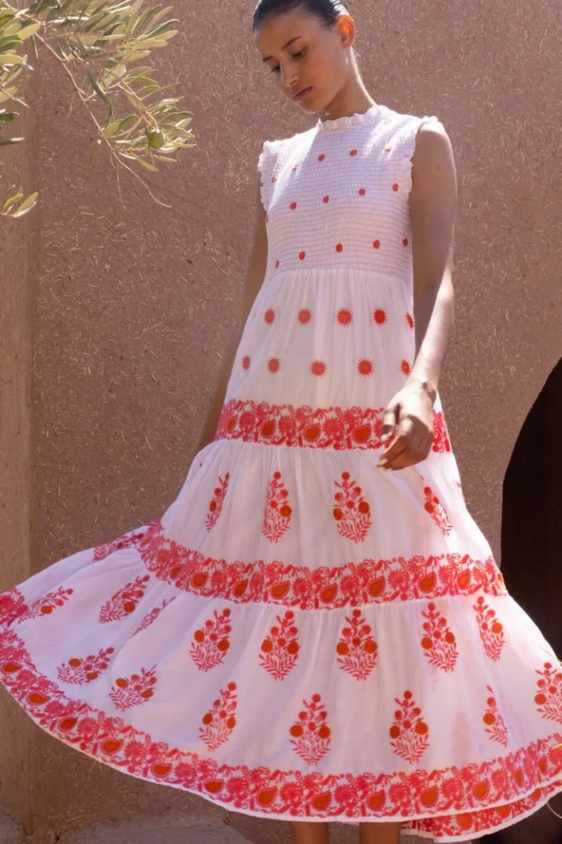 Sleeveless Smocked Maxi- Calistoga Coral