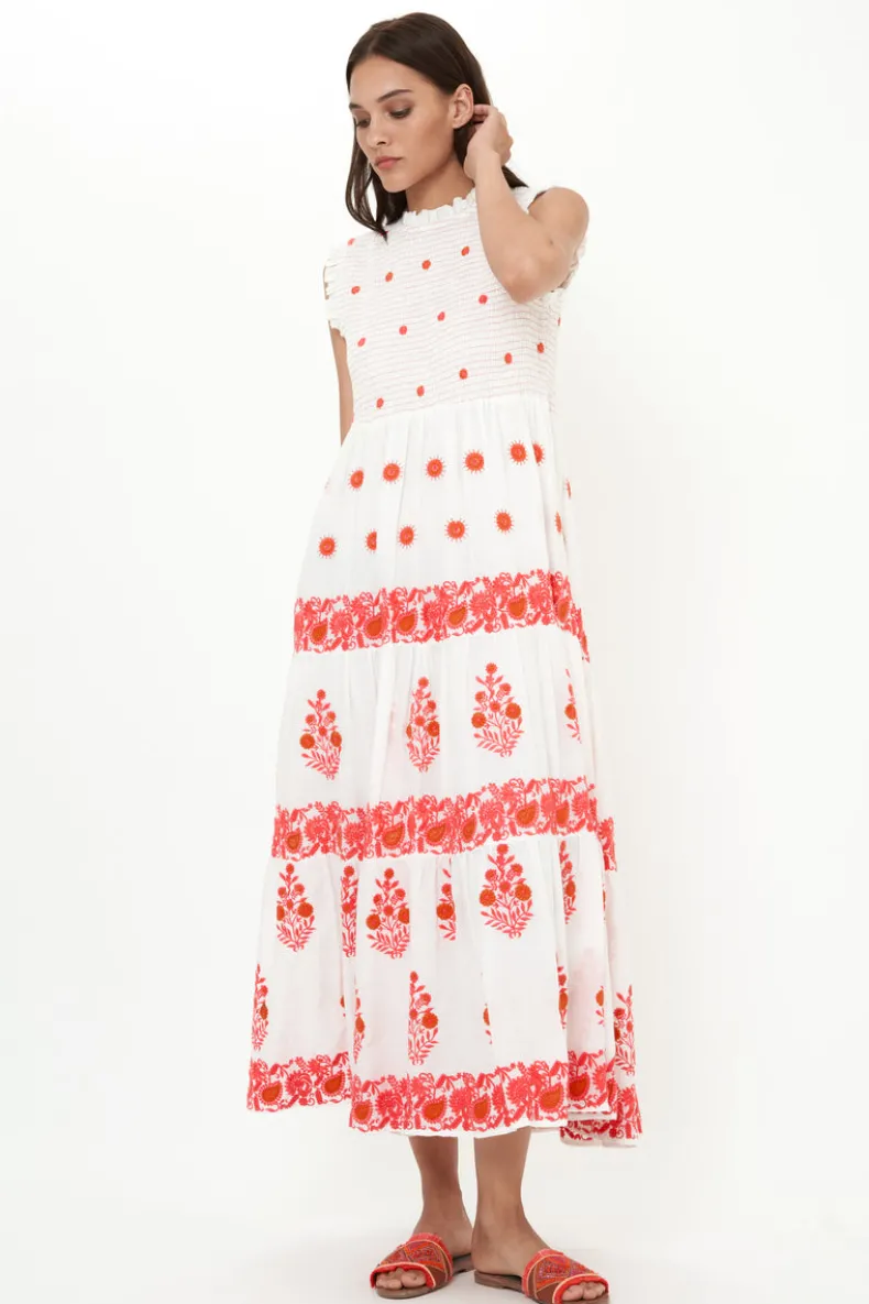Sleeveless Smocked Maxi- Calistoga Coral