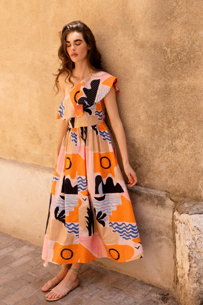 One Shoulder Ruffle Maxi- Riviera Orange