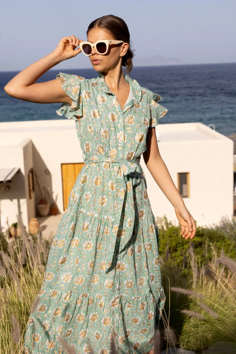 Ruffle Collar Button Maxi- Mughal Green