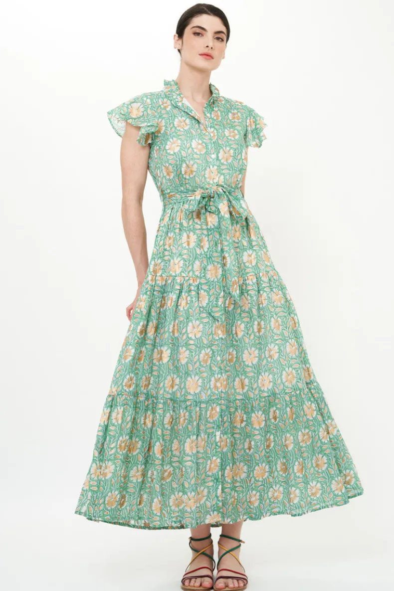 Ruffle Collar Button Maxi- Mughal Green