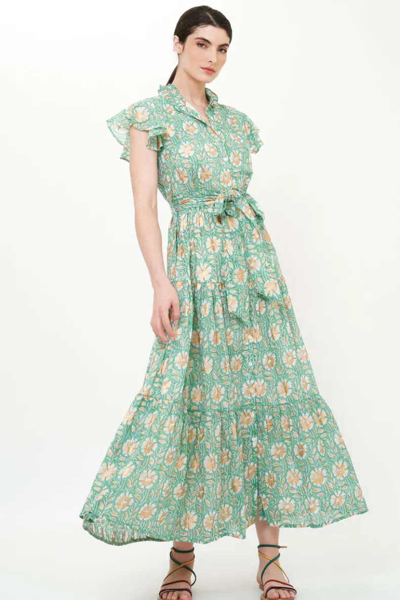 Ruffle Collar Button Maxi- Mughal Green