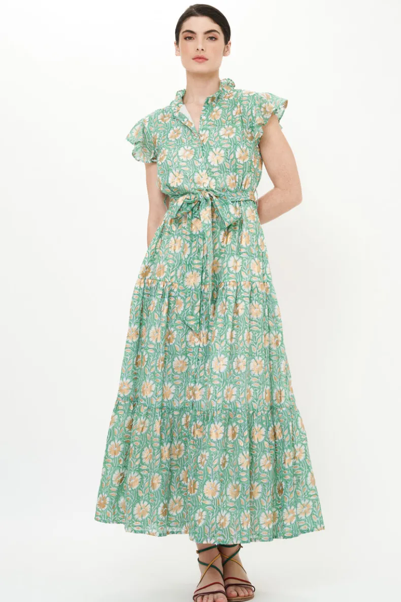 Ruffle Collar Button Maxi- Mughal Green