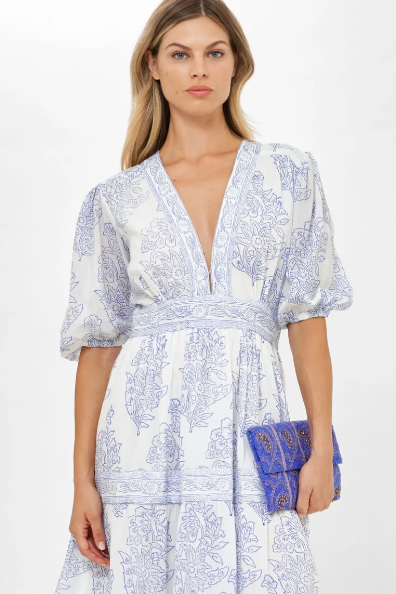 V-Neck Puff Maxi- Amadora Blue