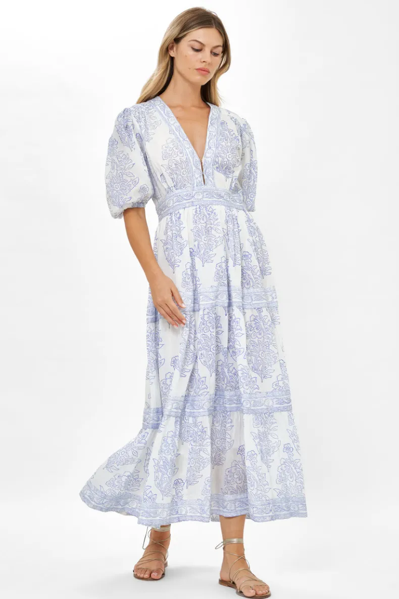 V-Neck Puff Maxi- Amadora Blue