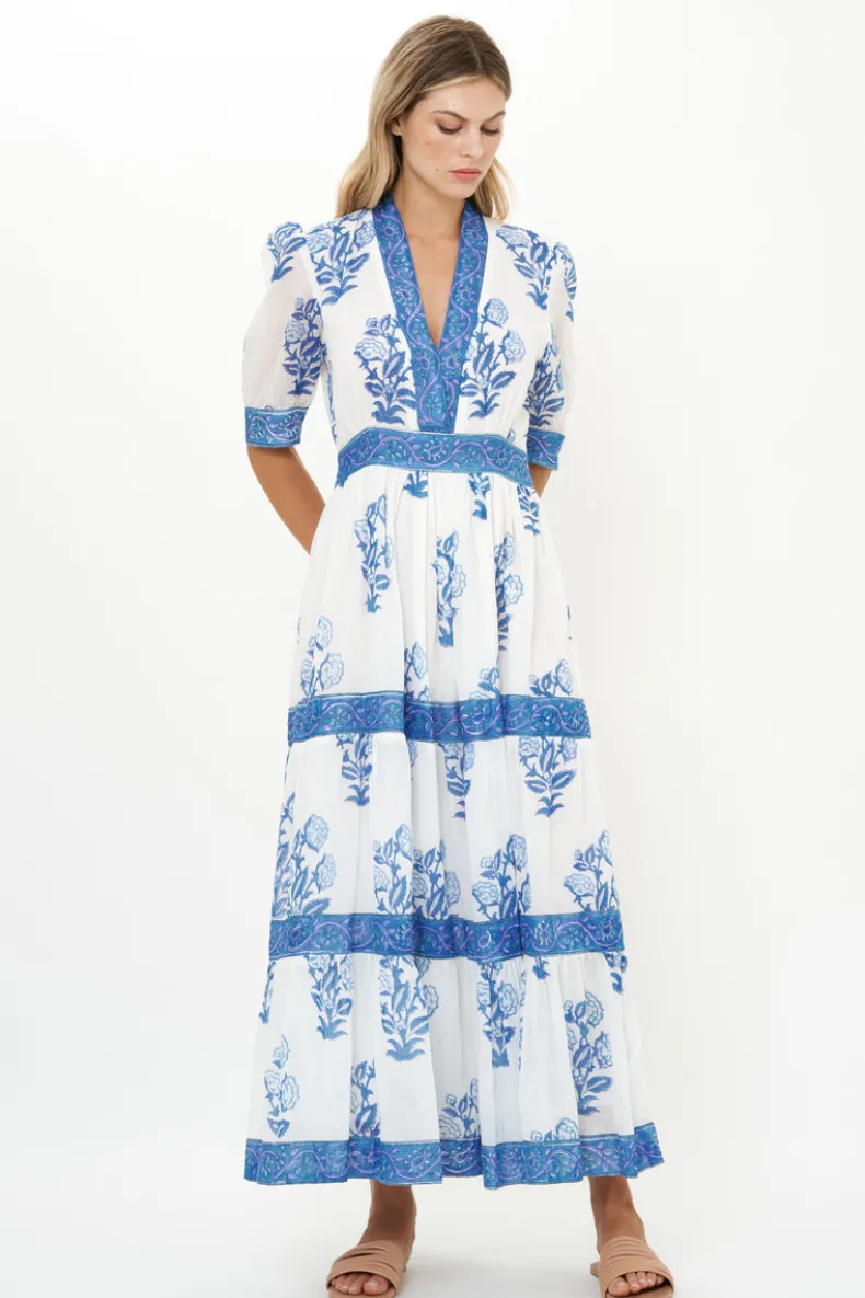 V-Neck Cuffed Maxi- Salvia Blue