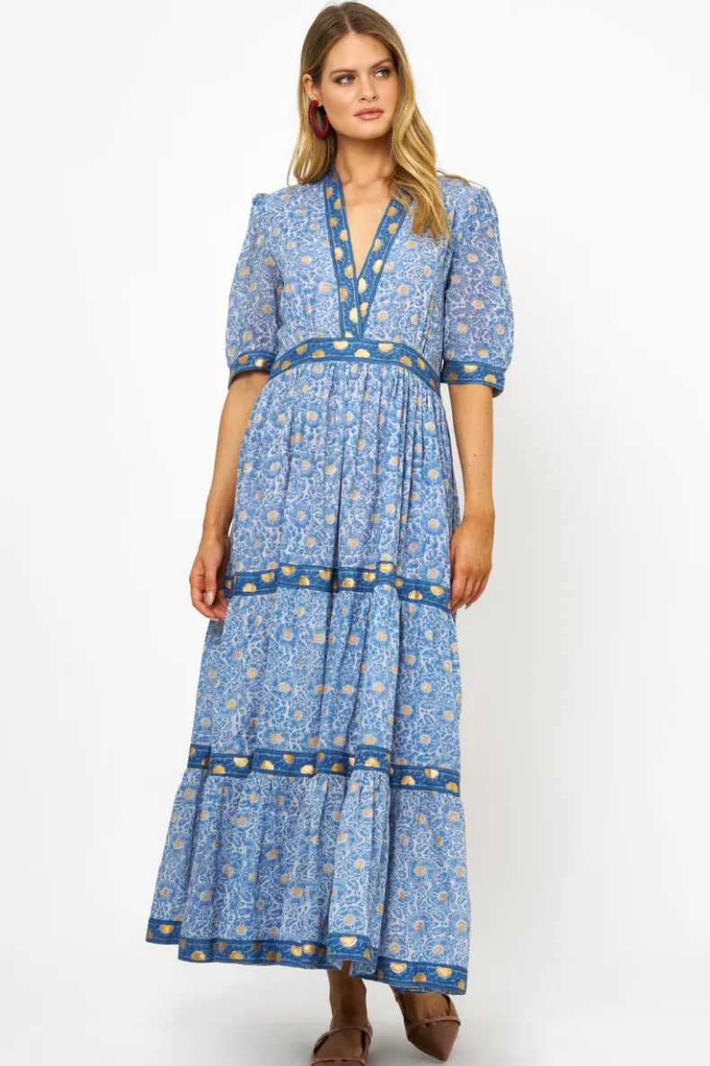V-Neck Cuffed Maxi- Budapest Blue