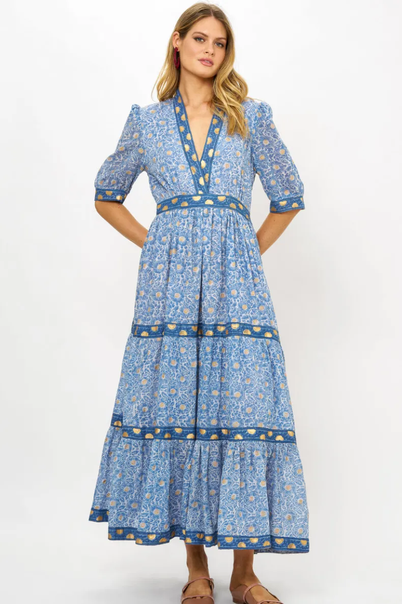 V-Neck Cuffed Maxi- Budapest Blue
