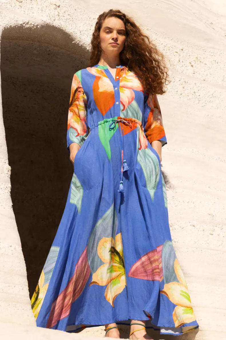 Cinched Shirt Dress Maxi- Hibiscus Blue