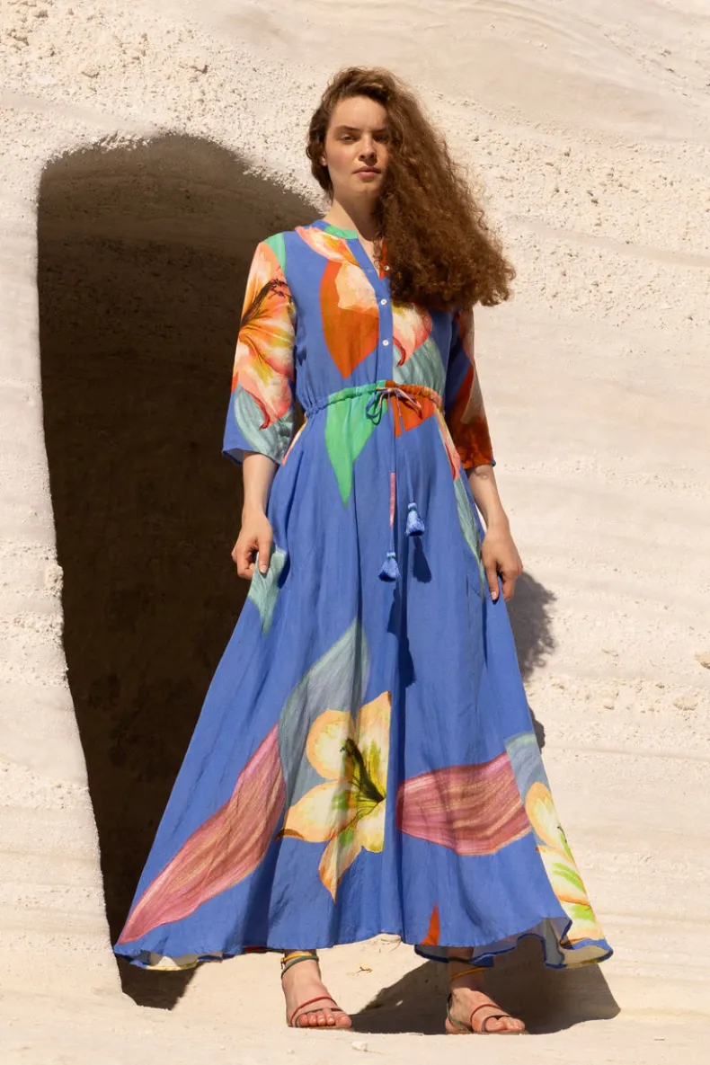 Cinched Shirt Dress Maxi- Hibiscus Blue