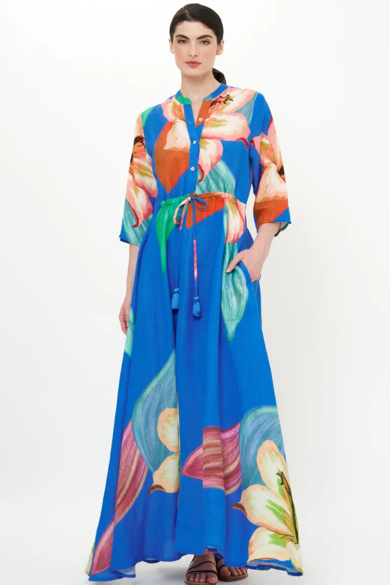 Cinched Shirt Dress Maxi- Hibiscus Blue