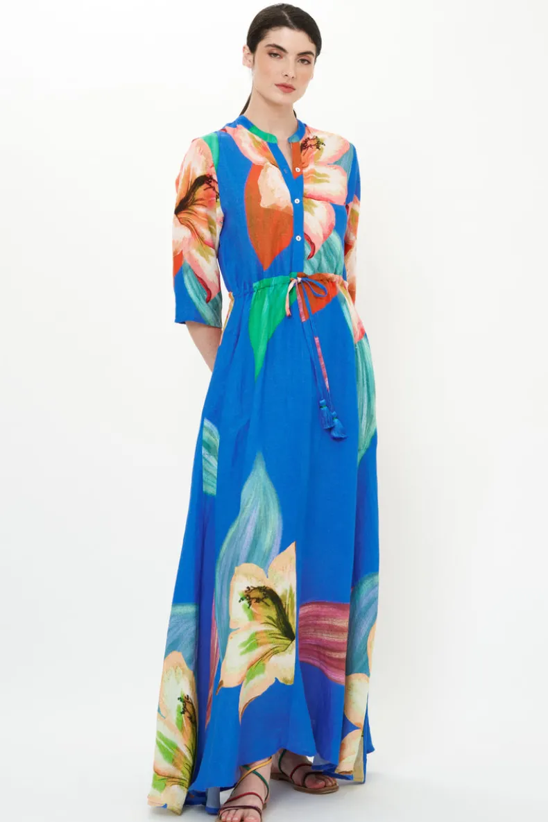 Cinched Shirt Dress Maxi- Hibiscus Blue