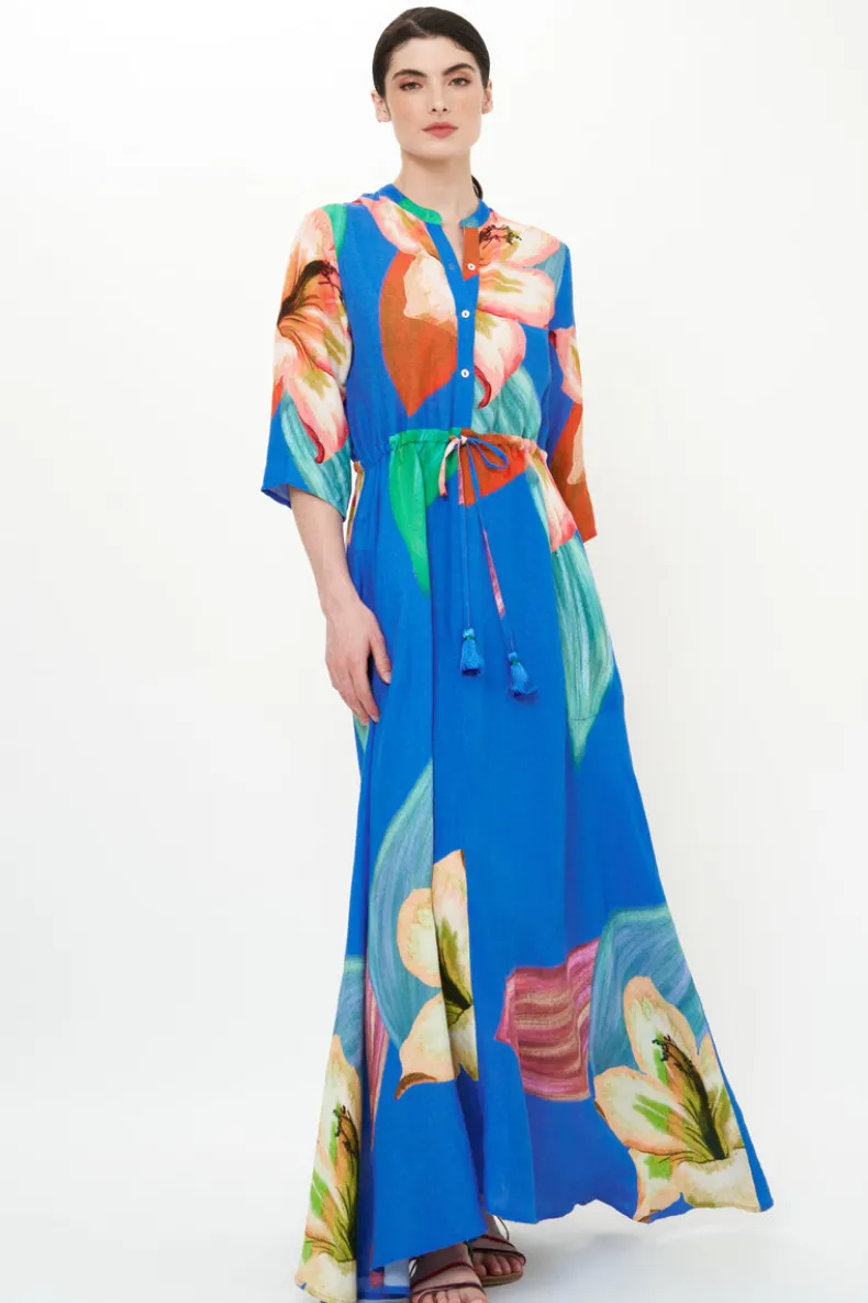 Cinched Shirt Dress Maxi- Hibiscus Blue