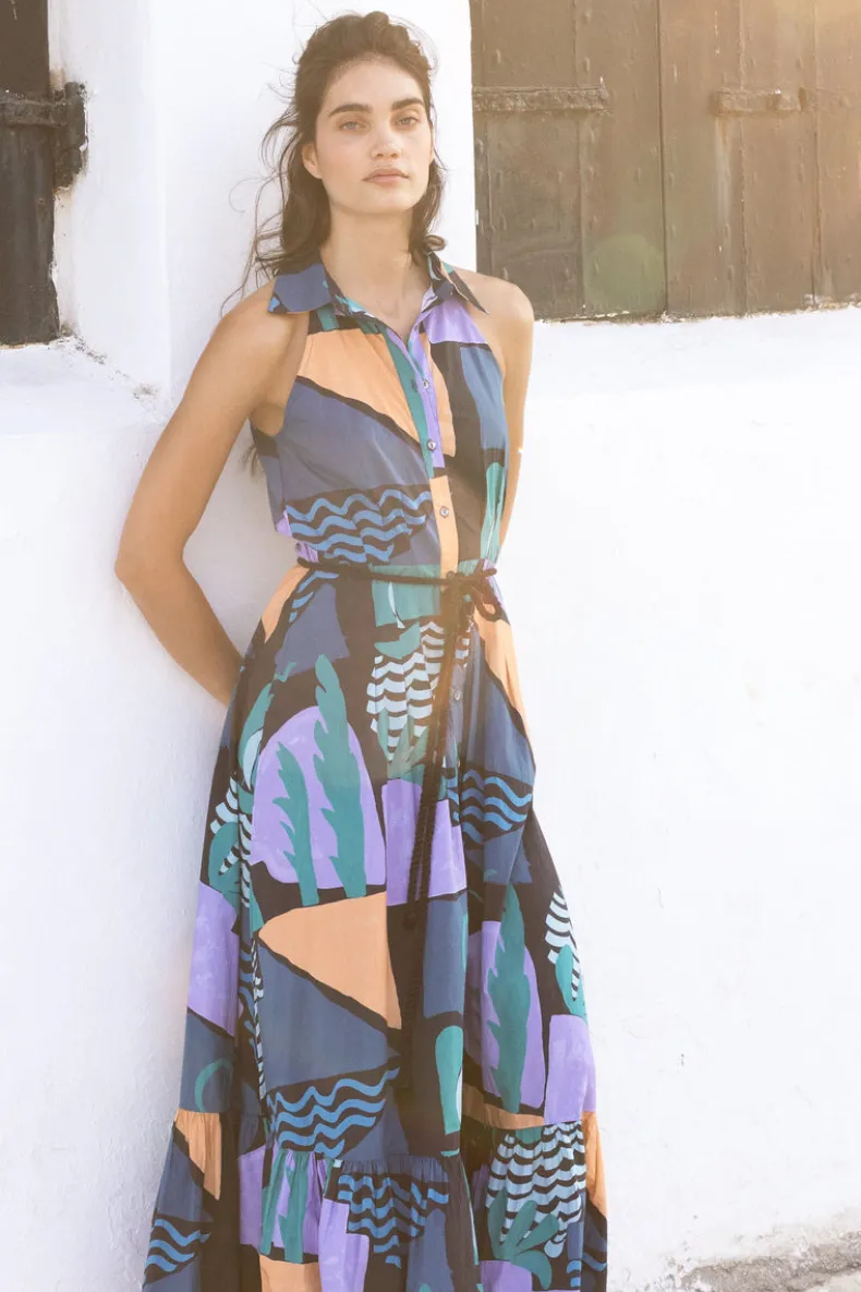 Sleeveless Shirt Dress Maxi- Riviera Blue