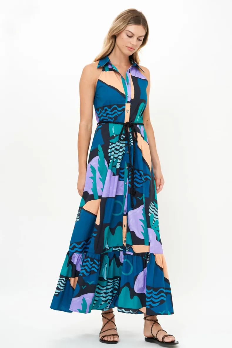 Sleeveless Shirt Dress Maxi- Riviera Blue