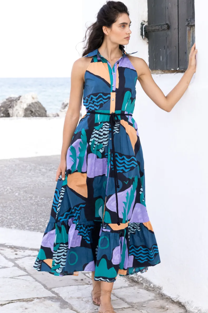 Sleeveless Shirt Dress Maxi- Riviera Blue