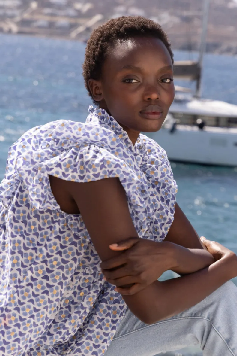 Pintuck Ruffle Top- Veranda Blue