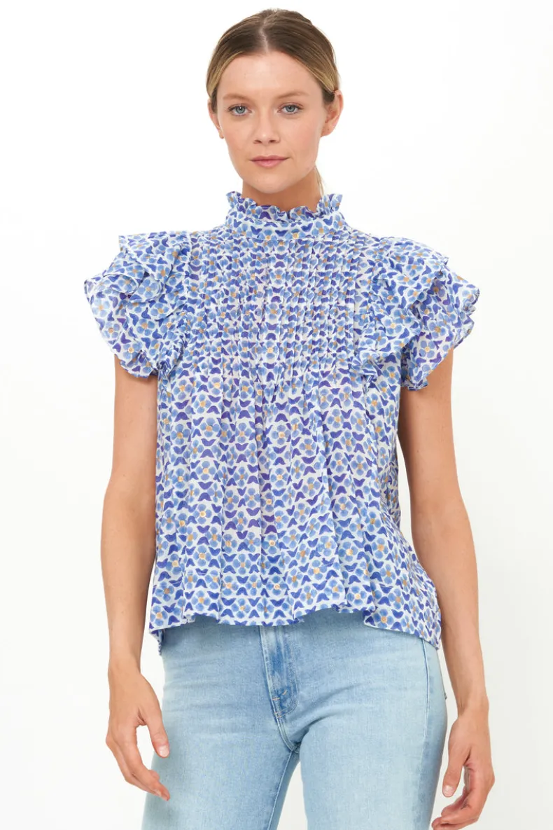 Pintuck Ruffle Top- Veranda Blue