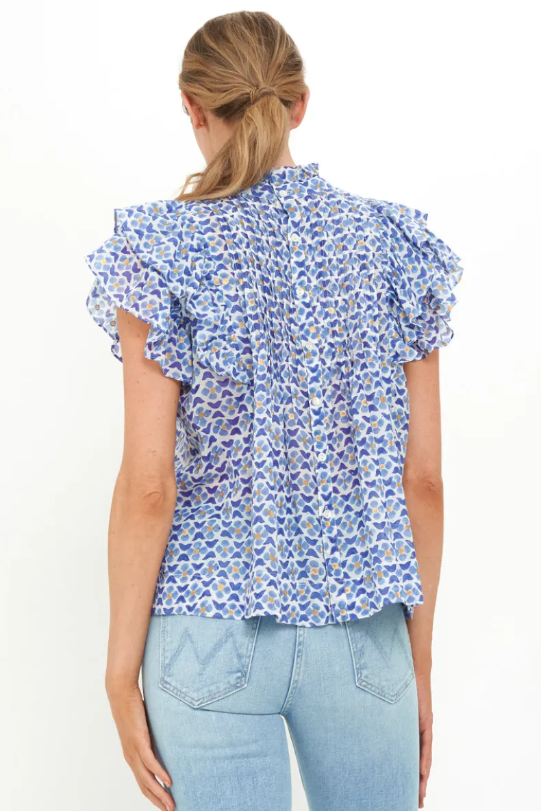 Pintuck Ruffle Top- Veranda Blue