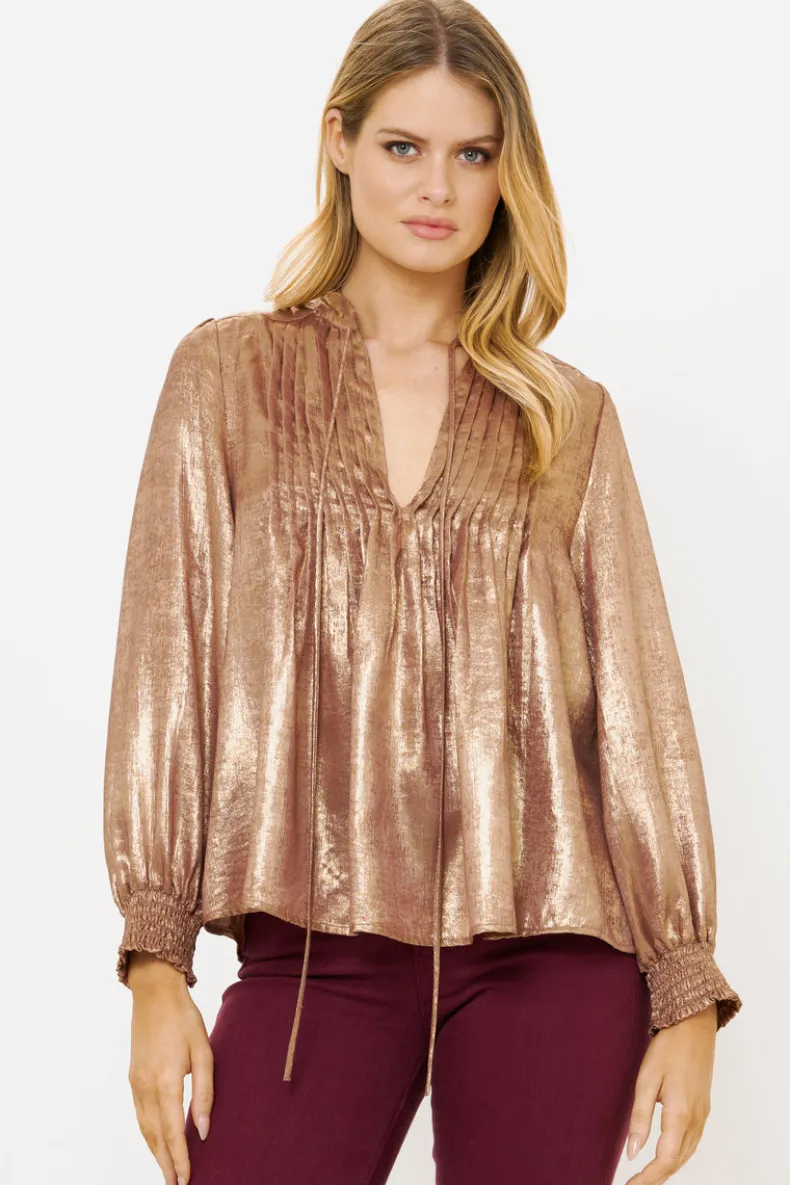 V-Neck Pintuck Blouse- Cairo Gold