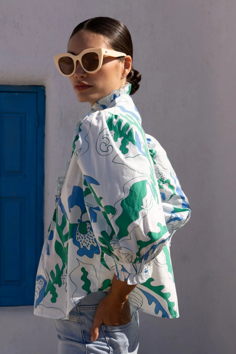 Ruffle Front Button Blouse- Orchid Green