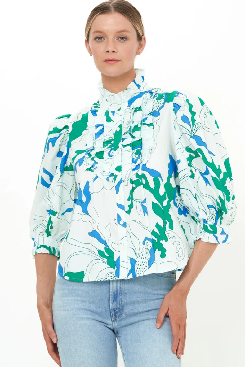 Ruffle Front Button Blouse- Orchid Green