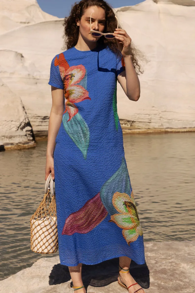 Short Sleeve Shift Maxi- Hibiscus Blue