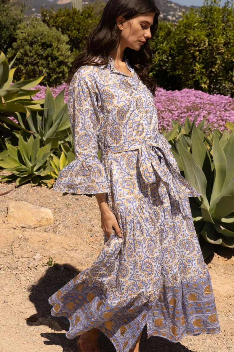 Ruffle Collar Bell Maxi- Marseille Blue