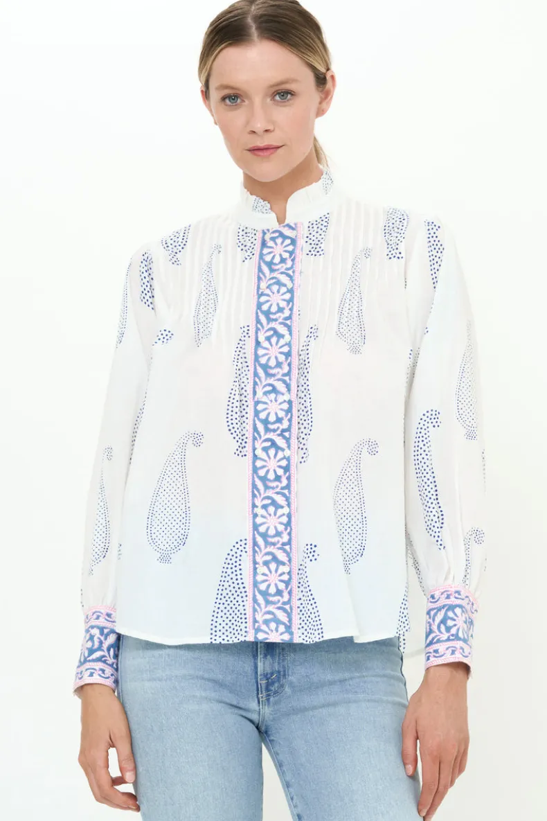 Pintuck Button Front Blouse- Aptos Blue