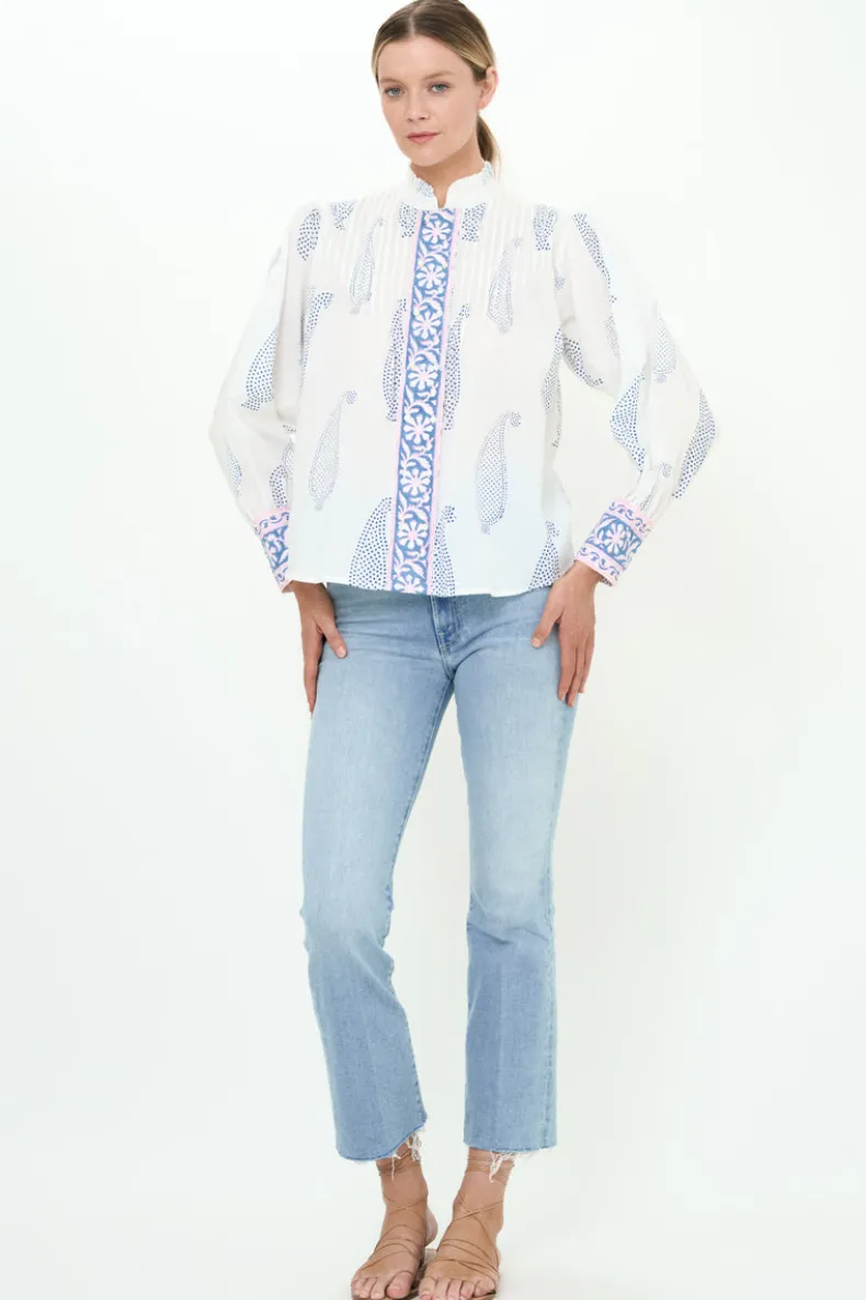 Pintuck Button Front Blouse- Aptos Blue