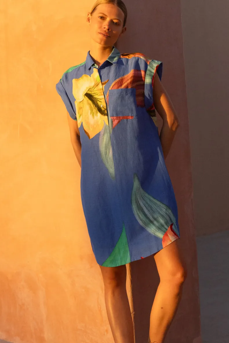 Shirt Dress Mini- Hibiscus Blue