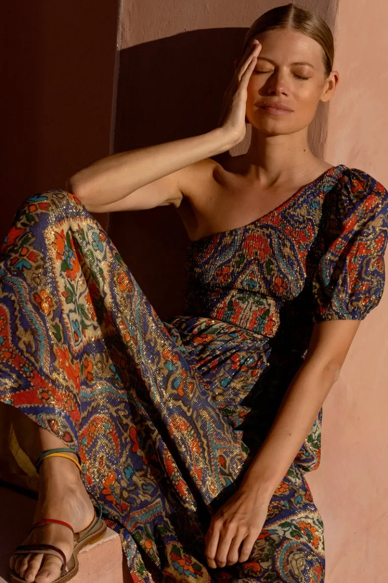 Puff Sleeve One Shoulder Smocked Maxi- Persia Cobalt