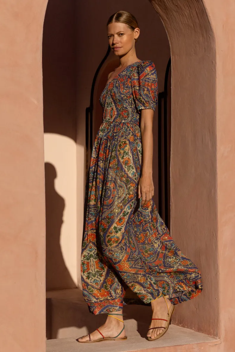 Puff Sleeve One Shoulder Smocked Maxi- Persia Cobalt