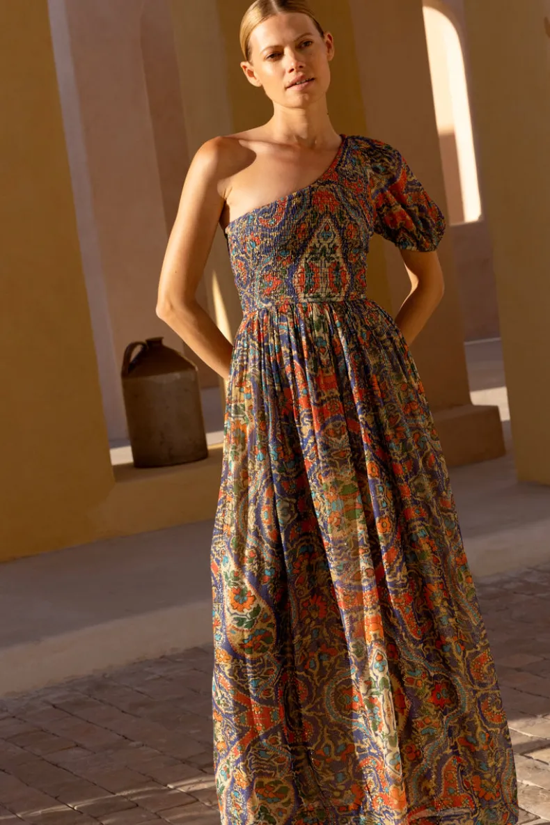 Puff Sleeve One Shoulder Smocked Maxi- Persia Cobalt