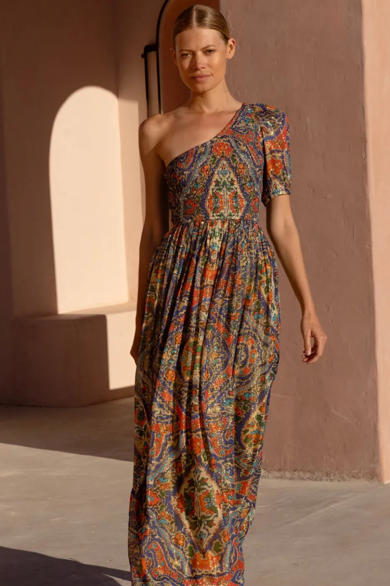 Puff Sleeve One Shoulder Smocked Maxi- Persia Cobalt