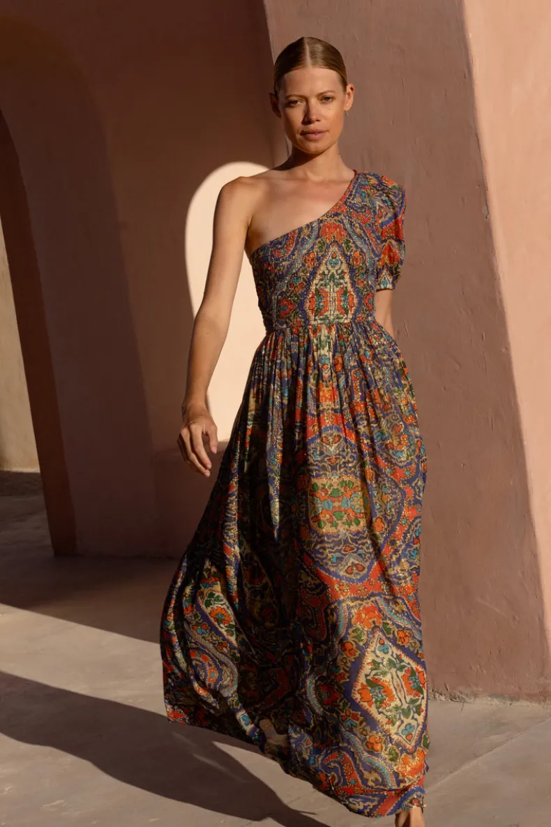 Puff Sleeve One Shoulder Smocked Maxi- Persia Cobalt