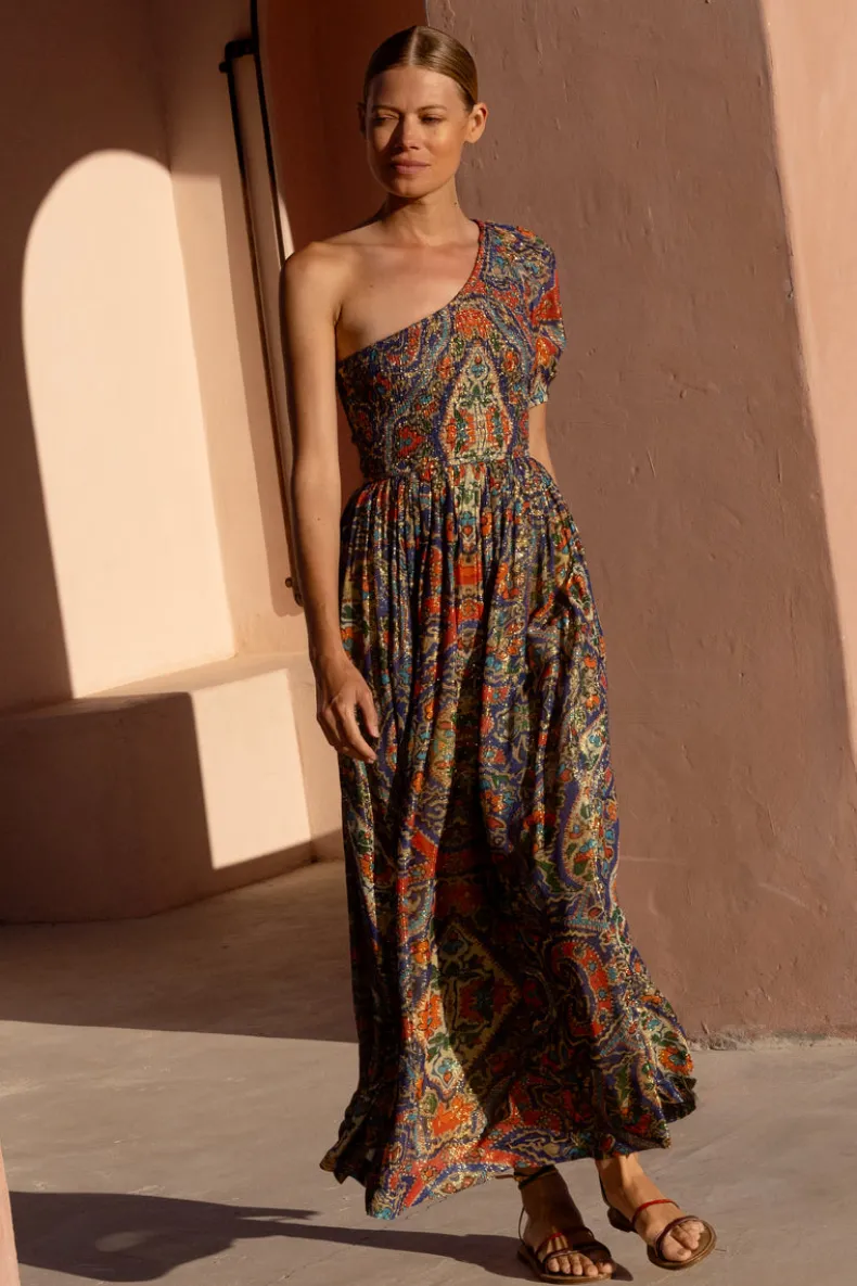 Puff Sleeve One Shoulder Smocked Maxi- Persia Cobalt