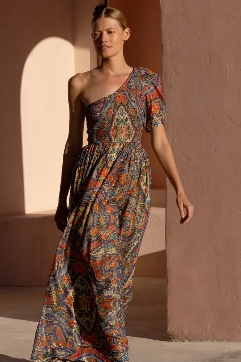 Puff Sleeve One Shoulder Smocked Maxi- Persia Cobalt