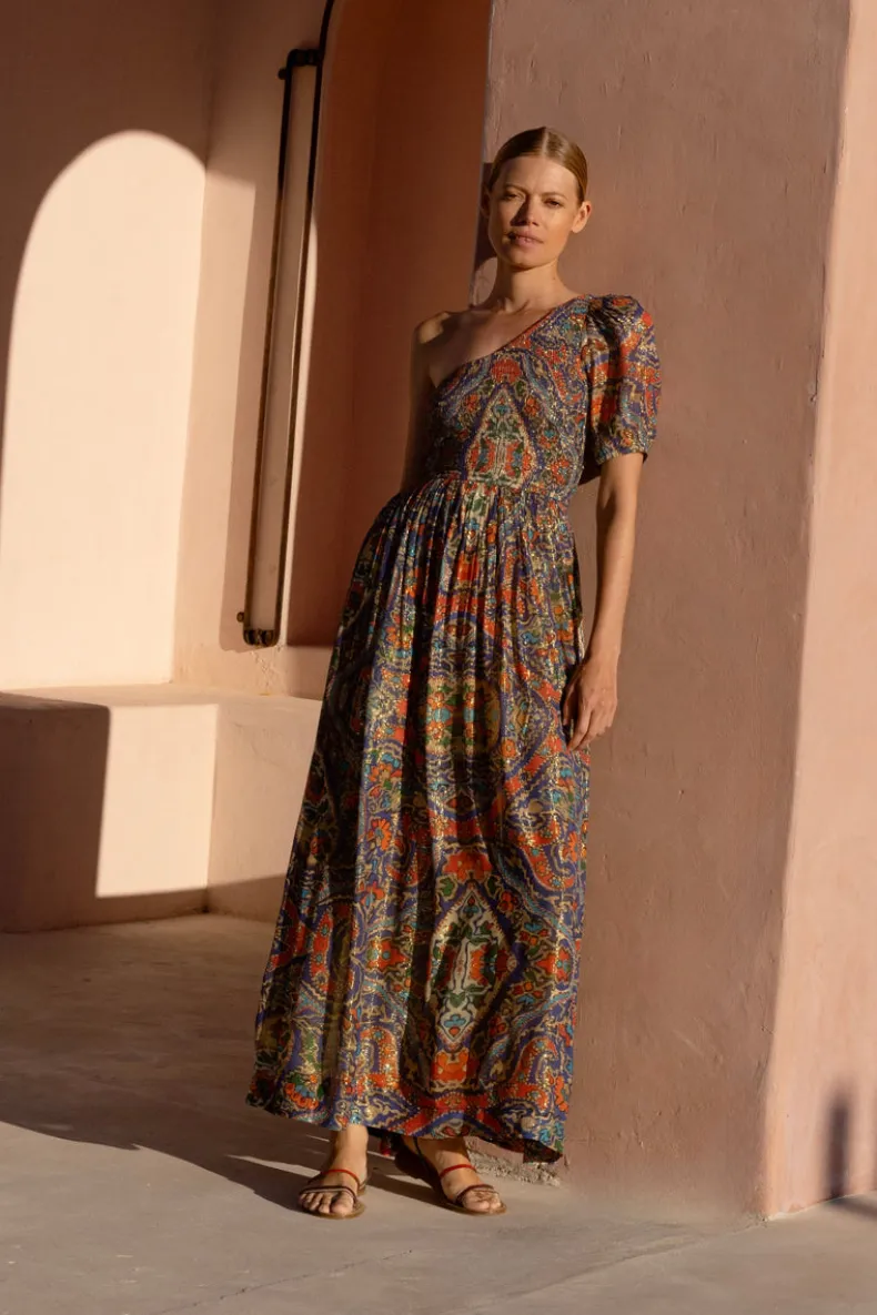 Puff Sleeve One Shoulder Smocked Maxi- Persia Cobalt