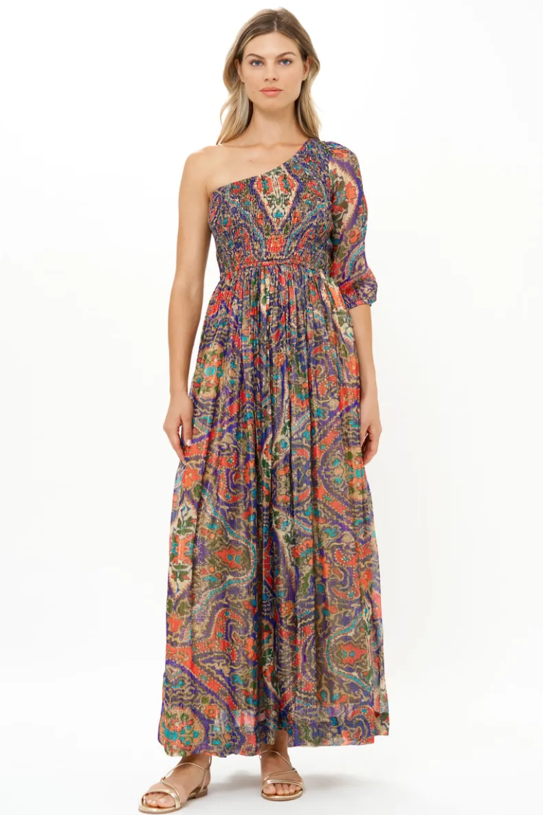Puff Sleeve One Shoulder Smocked Maxi- Persia Cobalt