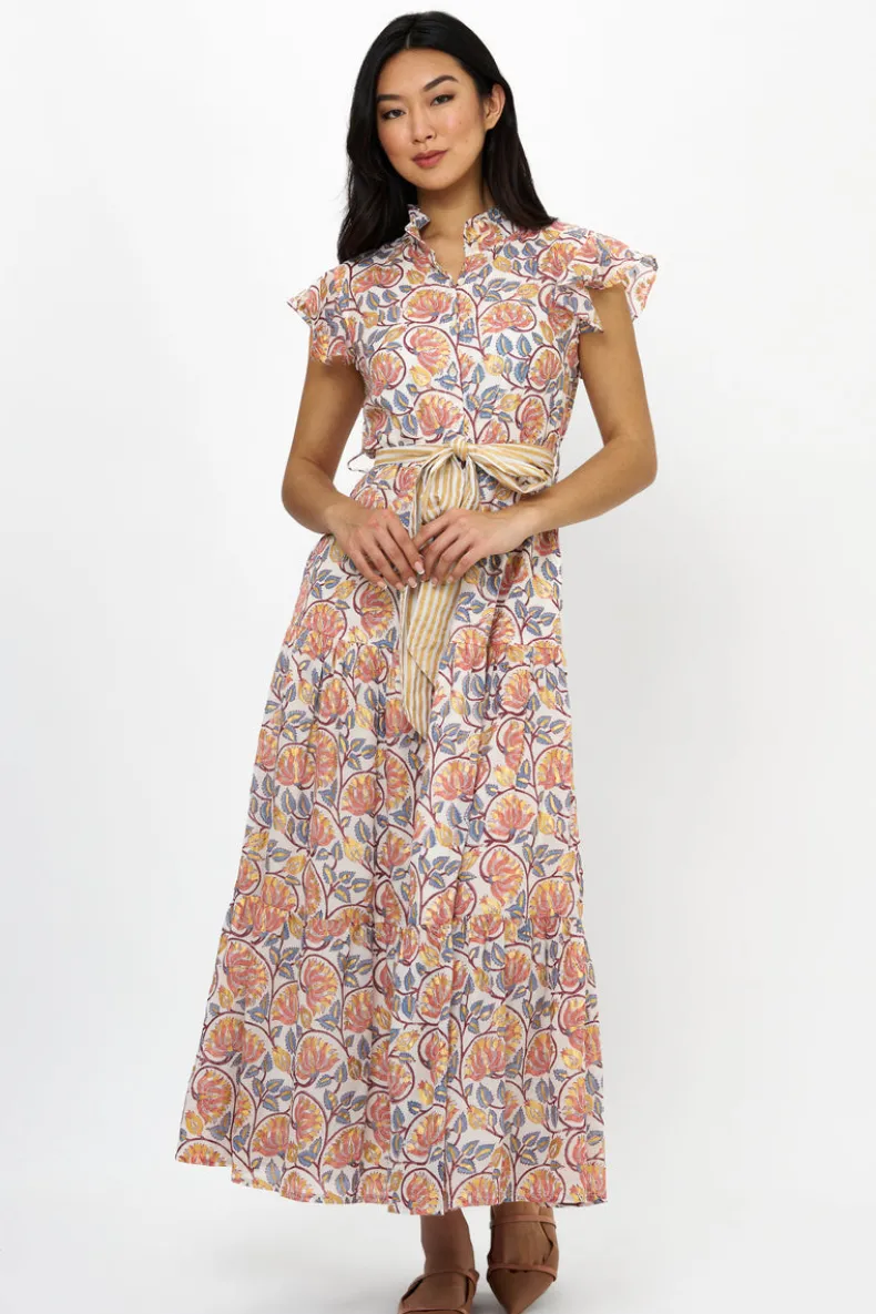 Ruffle Collar Button Maxi- Montenegro Coral