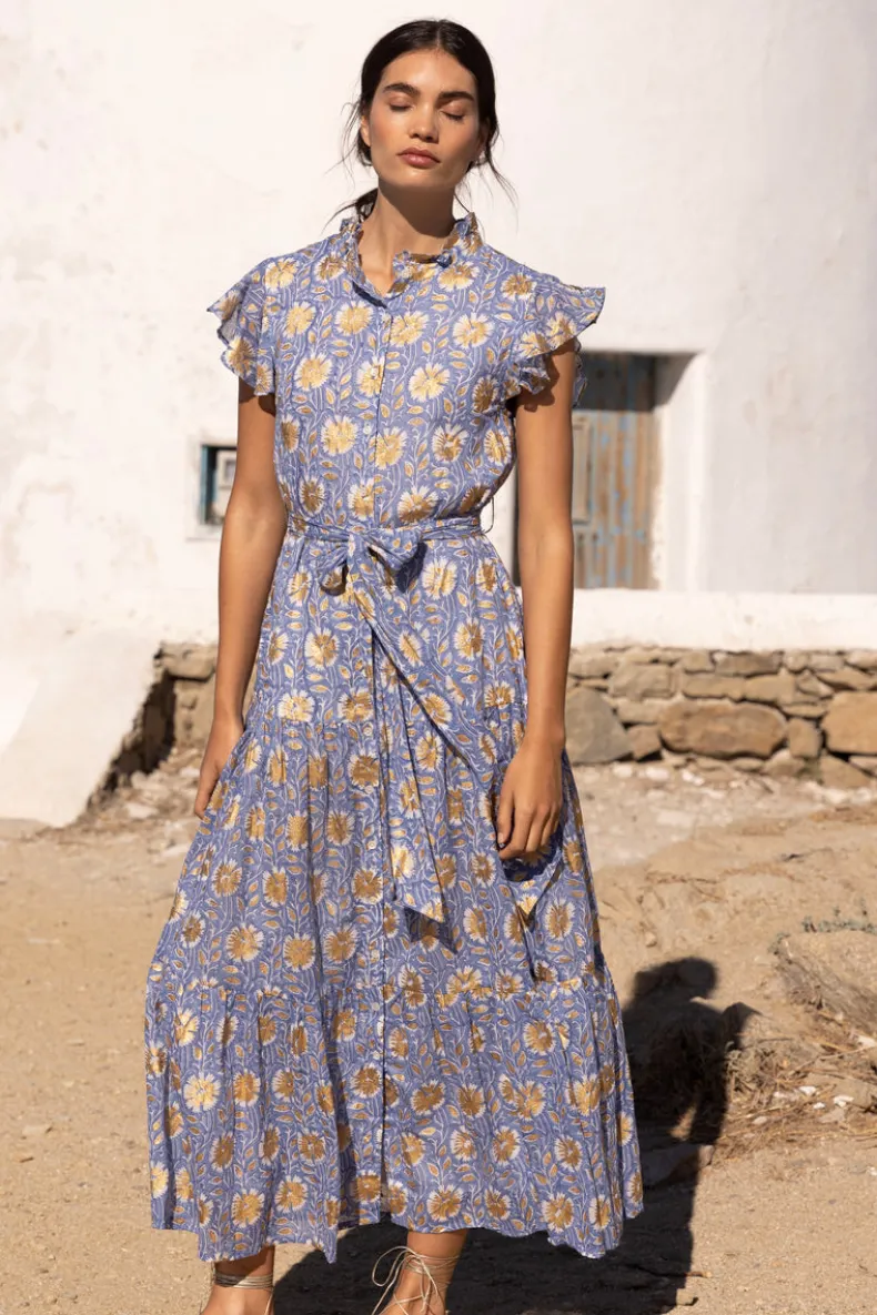 Ruffle Collar Button Maxi- Mughal Blue