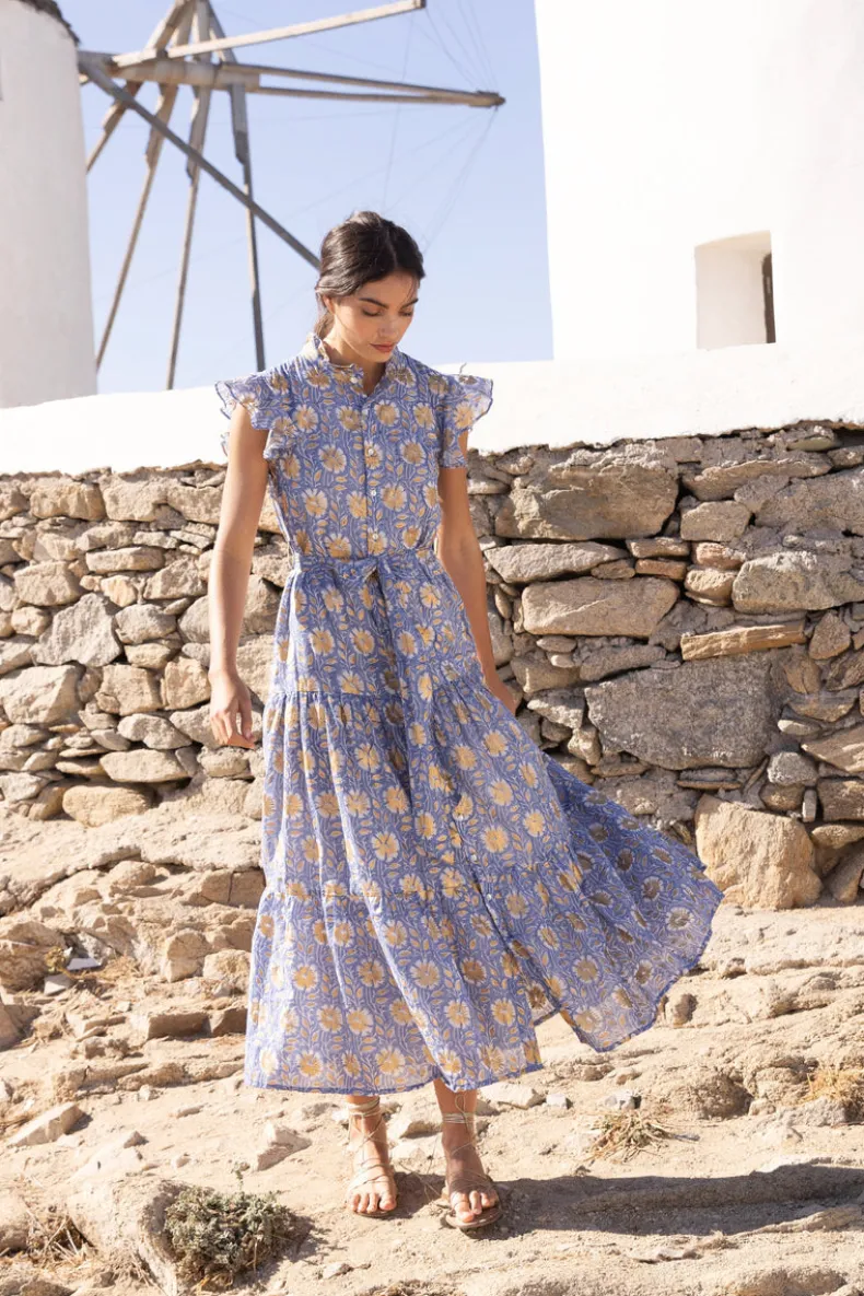Ruffle Collar Button Maxi- Mughal Blue